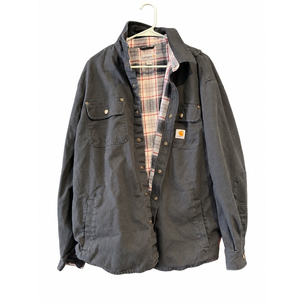 Carhartt Mens XL Flannel Lined Canvas Shirt Jacket Charcoal Gray Duck Snap Front